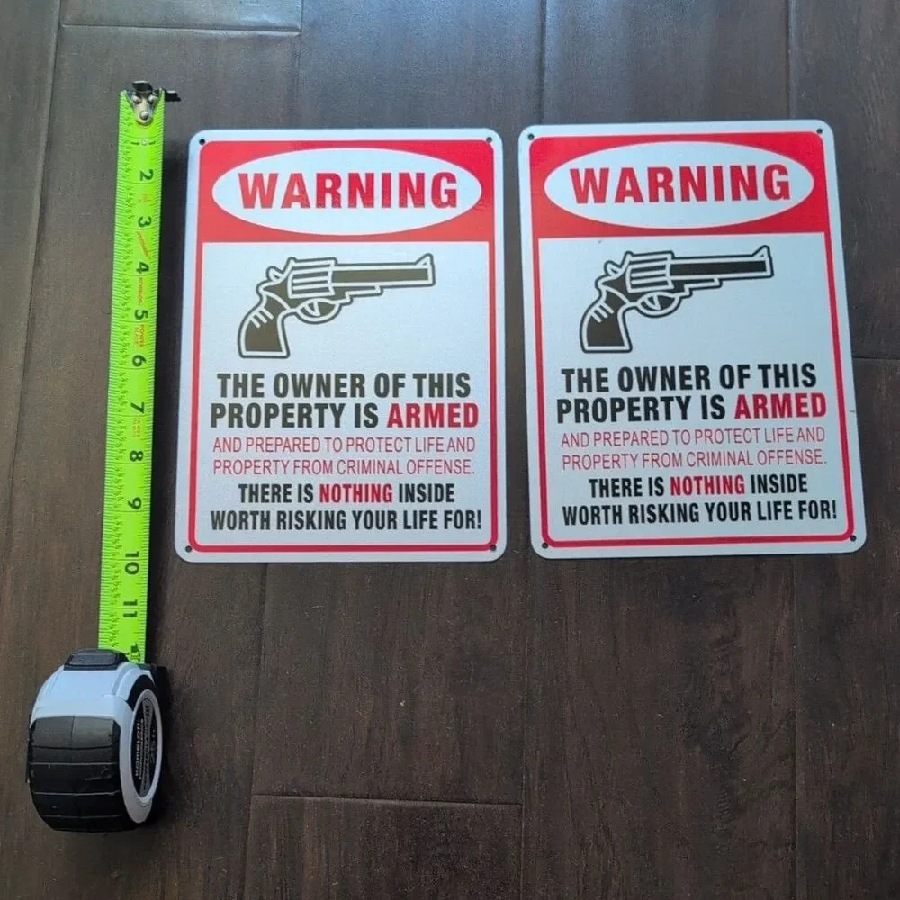 Set of 2 Warning Armed Property Security Signs Metal 7x10 No Trespassing